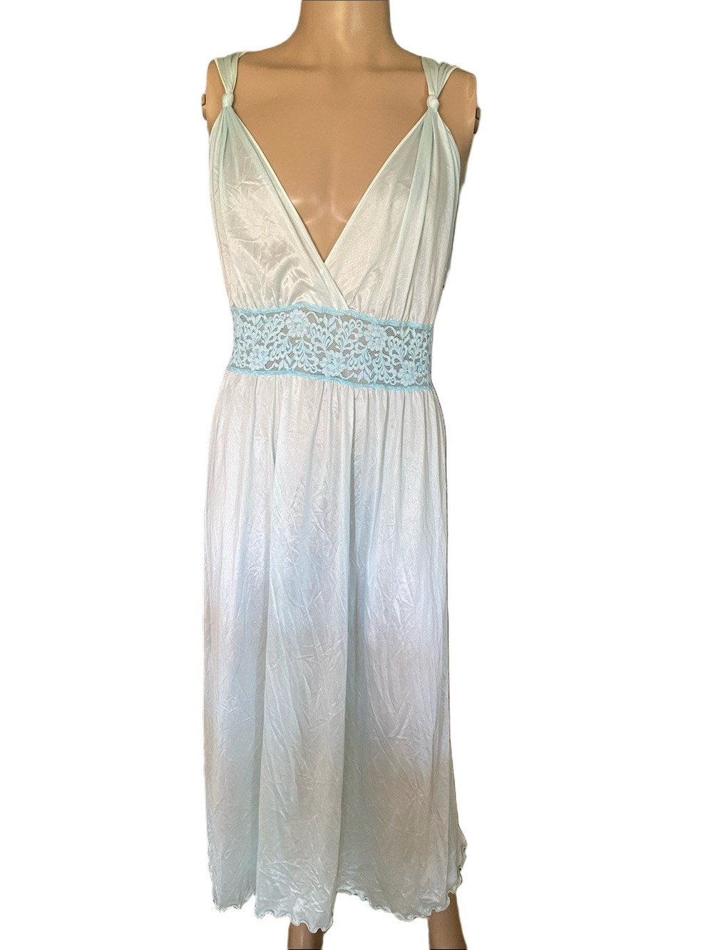 Sleeveless Light Blue Lace-Waist Maxi Nightgown